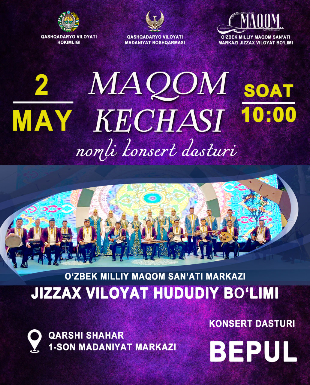 O‘zbek milliy maqom san'ati markazi Jizzax viloyati hududiy bo'limi jamoasi Qashqadaryoda.